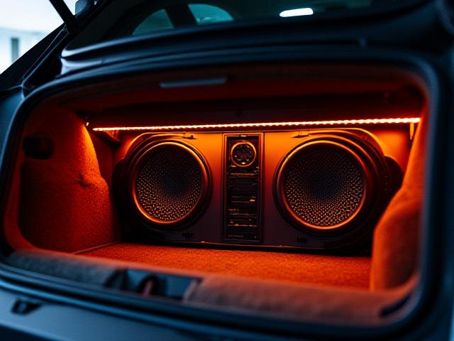 Detalle de un subwoofer personalizado con iluminación ambiental LED azul en el maletero de un coche.