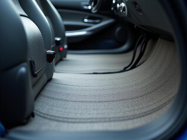 Interior de un coche de lujo mostrando aislamiento acústico personalizado bajo la alfombra y en los paneles de las puertas.