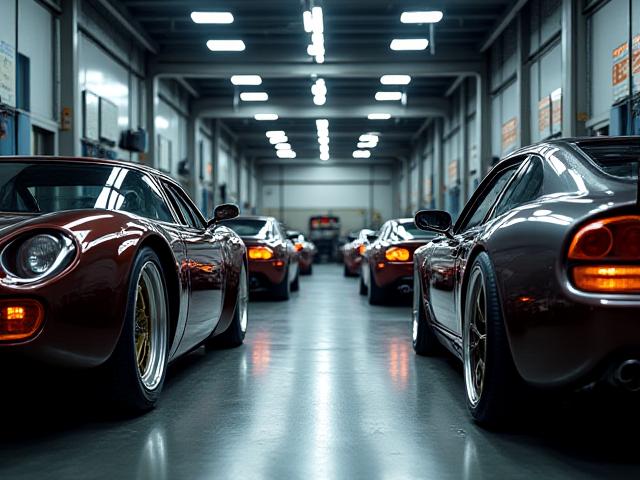 Taller de alto rendimiento con autos personalizados en proceso, luces bajas destacando los detalles de ingeniería