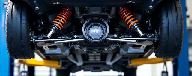 Suspensión automotriz de alto rendimiento visible bajo un chasis